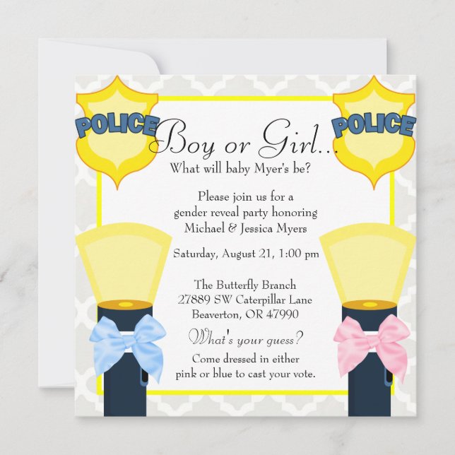 Chic Police Officer Badge Damask Gender Reveal Invitation (Front)
