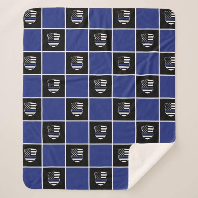 Chic Police Officer Thin Blue Line Badge Pattern Sherpa Blanket (Front)