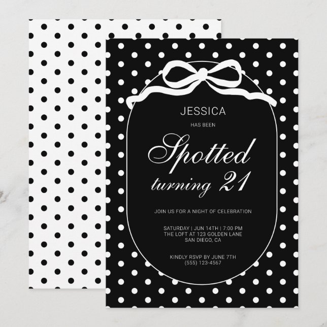 Chic Polka Dot Bow Spotted 21st Birthday Party Invitation (Front/Back)
