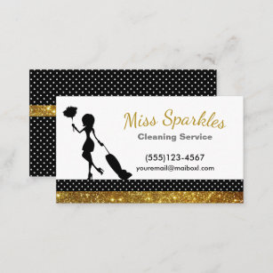 Chic Polka Dot Gold Glitter Maid Cleaning Services Business Card
