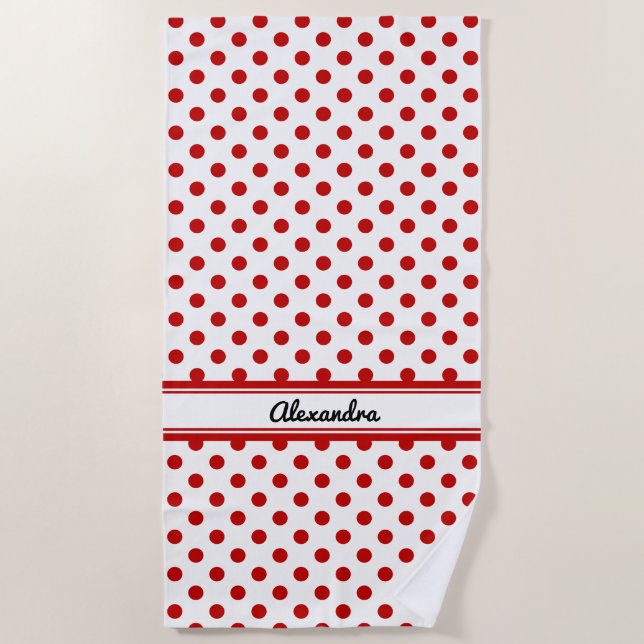 Chic Polka Dot Red White Background Beach Towel (Front)