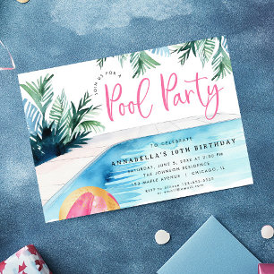 Chic pool birthday party modern watercolor invitation