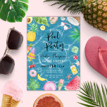 Chic Pool Party Summer Sweet 16 Birthday Invitation<br><div class="desc">A modern and chic pool party summer themed birthday invitation for sweet sixteen featuring fun and colourful watercolor elements such as tropical leaves,  coconut,  sunglasses,  pineapples,  popsicles,  seashells,  camera,  flowers,  avocado,  watermelon,  doughnut,  cherry and cocktail drink. The background features a blue wavy pool water.</div>