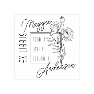 Chic Poppies   Custom Name Ex Libris Book Plate Rubber Stamp