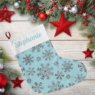 Chic Powder Blue Christmas w/ Elegant Snowflakes Large Christmas Stocking