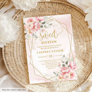 Chic Powder Pink Gold Peonies Sweet 16 Invitation