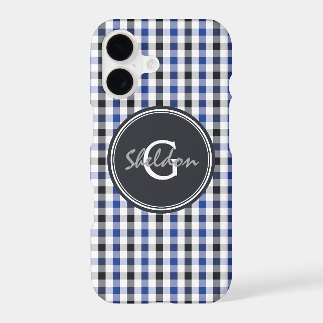 chic preppy blue black gingham pattern monogram (Back)