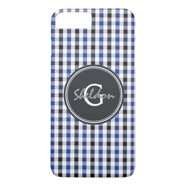 chic preppy blue black gingham pattern monogram Case-Mate iPhone case (Back)