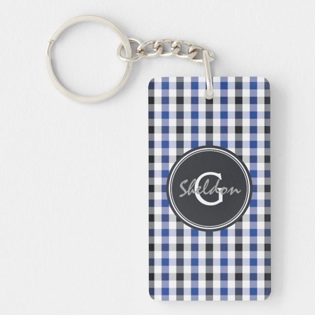 chic preppy blue black gingham pattern monogram key ring (Front)