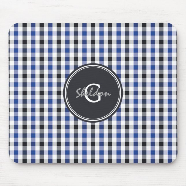 chic preppy blue black gingham pattern monogram mouse pad (Front)