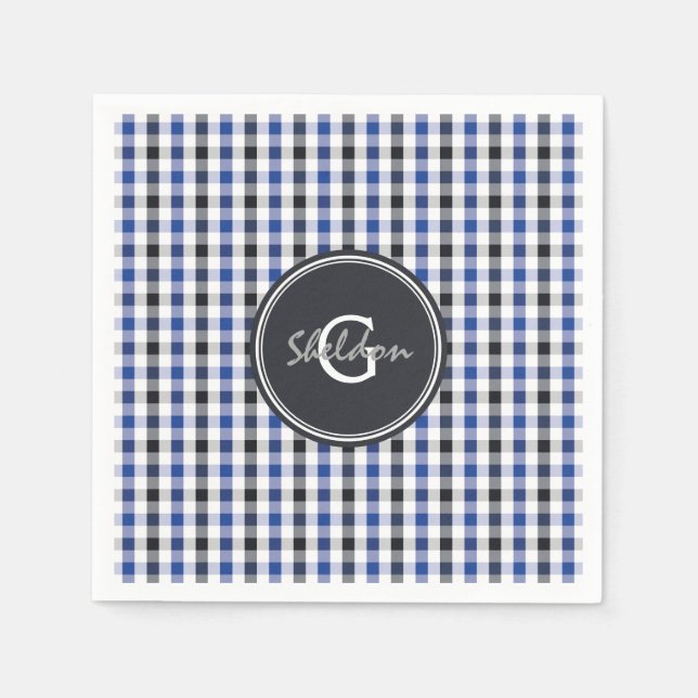 chic preppy blue black gingham pattern monogram napkin (Front)