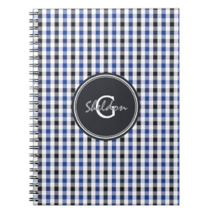 chic preppy blue black gingham pattern monogram notebook