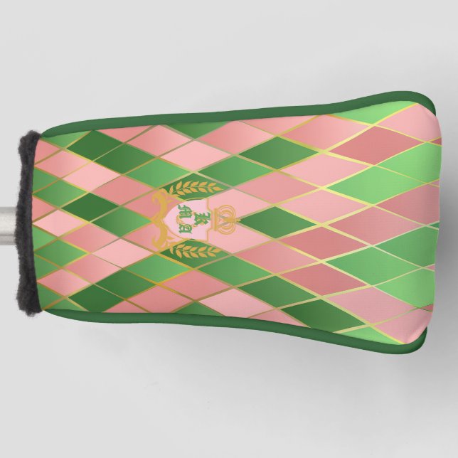 Chic Preppy Pink Green Argyle Monogram Putter Golf Head Cover (Front)