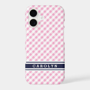 chic preppy pink navy gingham pattern monogram