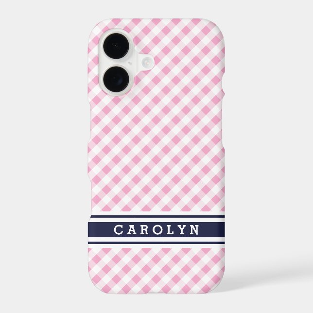 chic preppy pink navy gingham pattern monogram (Back)