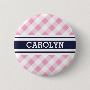 chic preppy pink navy gingham pattern monogram 6 cm round badge