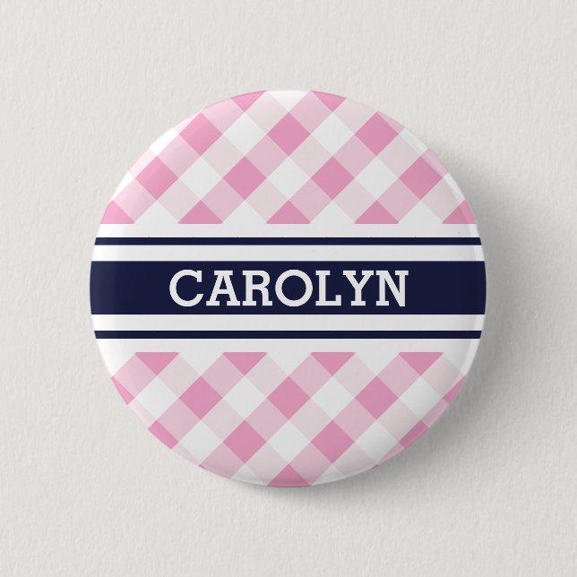 chic preppy pink navy gingham pattern monogram 6 cm round badge (Front)