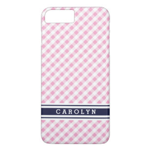 chic preppy pink navy gingham pattern monogram iPhone 8 plus/7 plus case
