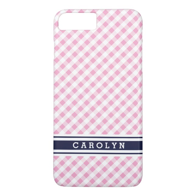 chic preppy pink navy gingham pattern monogram Case-Mate iPhone case (Back)