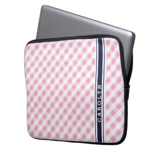chic preppy pink navy gingham pattern monogram laptop sleeve