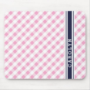 chic preppy pink navy gingham pattern monogram mouse pad