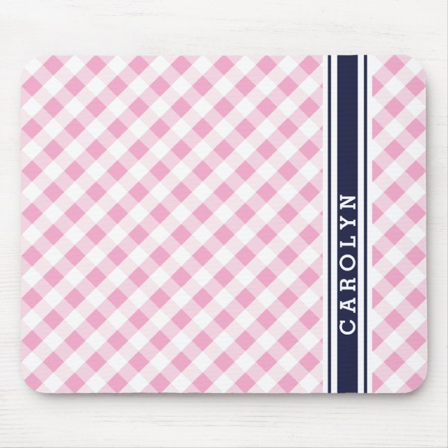 chic preppy pink navy gingham pattern monogram mouse pad (Front)