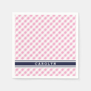 chic preppy pink navy gingham pattern monogram napkin