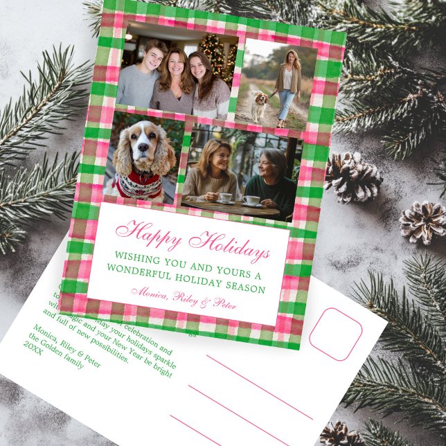 Chic Preppy Plaid Christmas Custom 4 Photo Collage Holiday Postcard (Chic Preppy Plaid Christmas Custom 4 Photo Collage Holiday Postcard
)