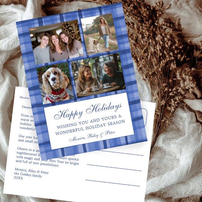 Chic Preppy Plaid Hanukkah Custom 4 Photo Collage Holiday Postcard (Chic Elegant Preppy Plaid Blue Hanukkah Custom 4 Photo Collage Holiday Postcard
)