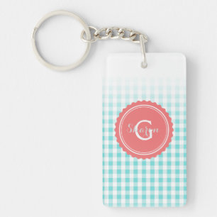 chic preppy turquoise gingham pattern monogram key ring