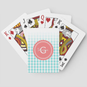 chic preppy turquoise gingham pattern monogram playing cards