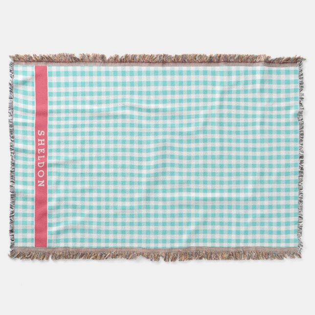 chic preppy turquoise gingham pattern monogram throw blanket (Front)