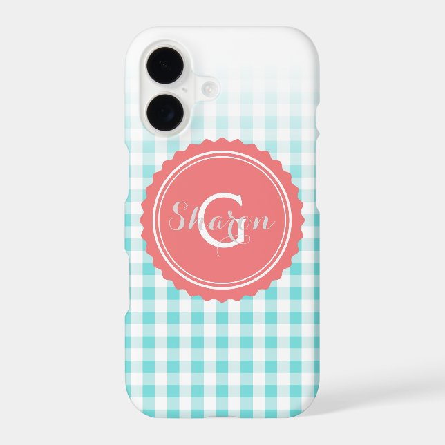 chic preppy turuqoise gingham pattern monogram (Back)