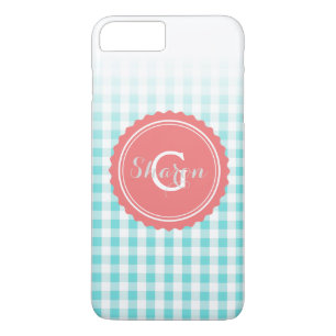 chic preppy turuqoise gingham pattern monogram Case-Mate iPhone case