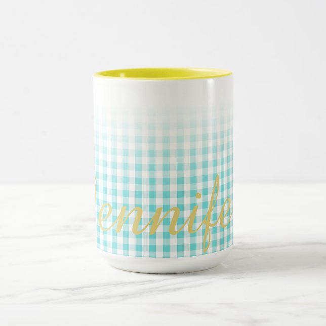 chic preppy turuqoise gingham pattern monogram mug (Center)