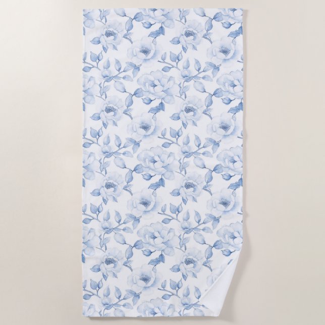 Chic Pretty Blue White Flowers Beach Towel (Front)