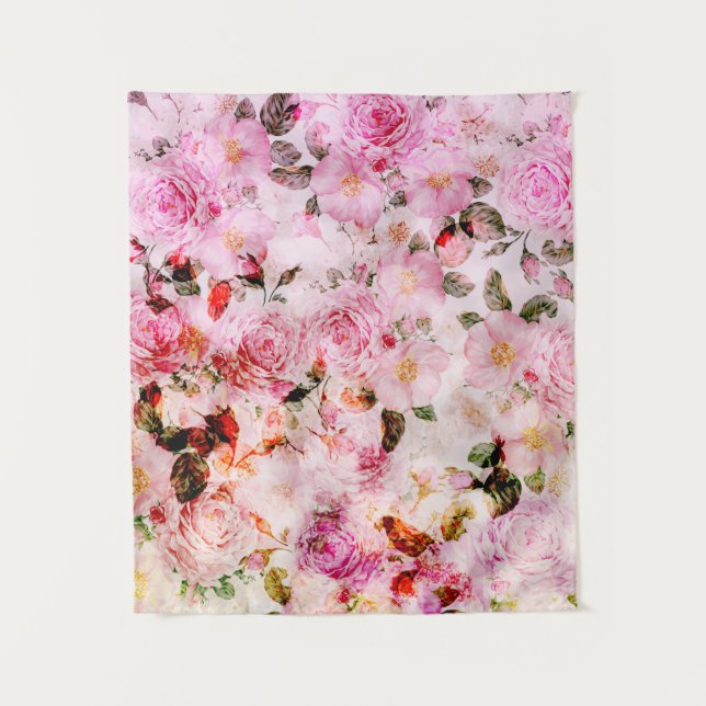 Chic Pretty Blush Pink Watercolor Roses Floral Tapestry (Front)
