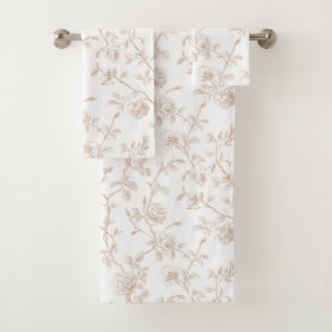 Chic Pretty Cream White Floral Bath Towel Set