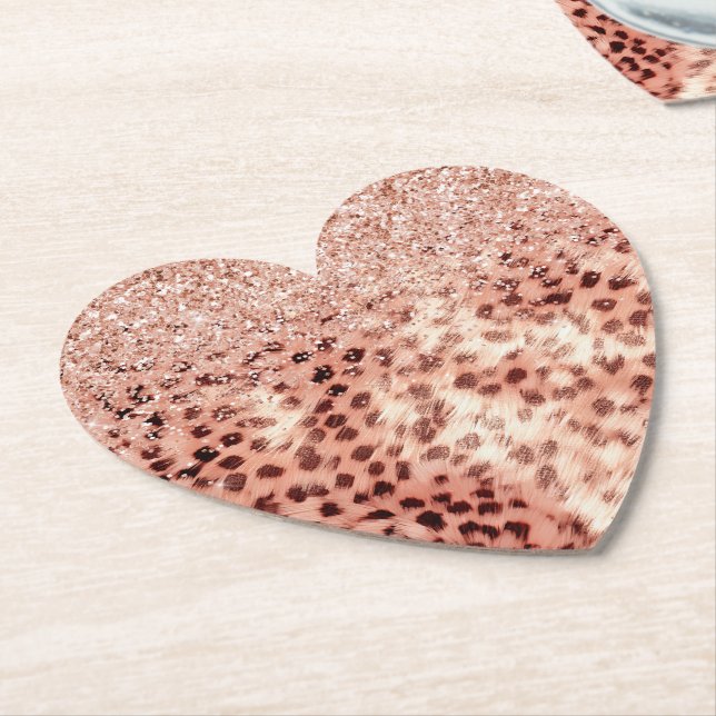 Chic Pretty Girly Rose Gold Leopard Glitter Love Paper Coaster (Angled)
