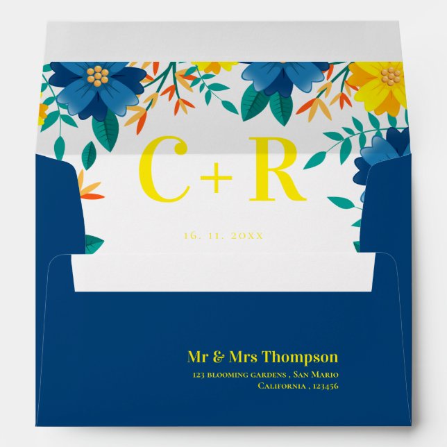 Chic Pretty Yellow Blue Floral Monogram Wedding Envelope (Back (Bottom))