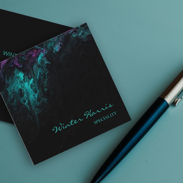Chic professional black artistic square business card (Abstract violet turquoise pattern)