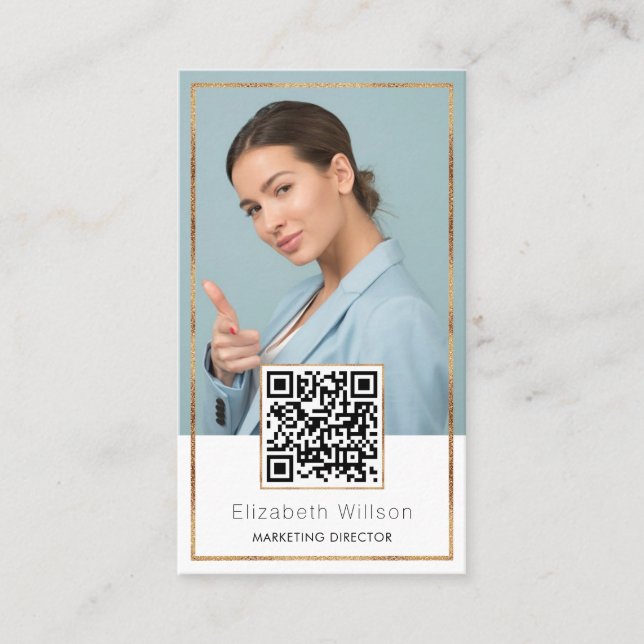 Chic Professional QR Code Gold Glitter Frame Photo Business Card (Front)