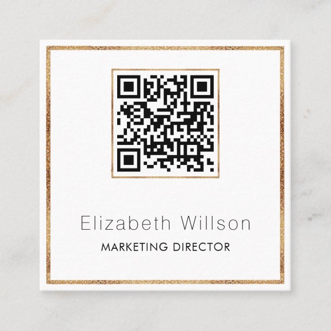 Chic Professional QR Code Gold Glitter Frame Square Business Card (Front)