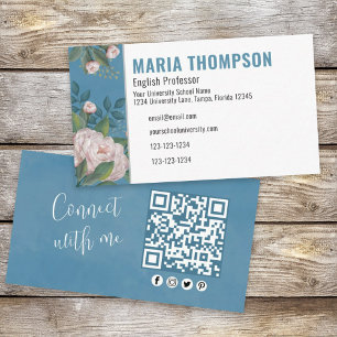 Chic Professional Vintage Pink Rose Floral QR Code Business Card