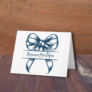 Chic Prussian Blue Decor Bow Elegant Name Wedding Note Card
