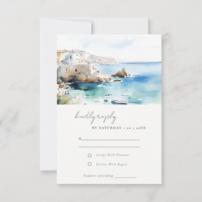 Chic Puglia Italy Watercolor Landscape Wedding RSVP Card (Front)
