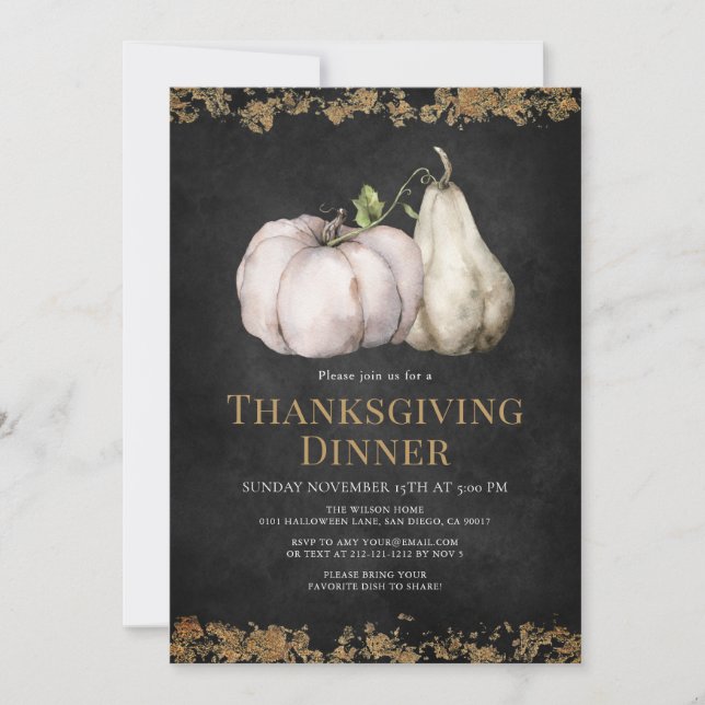Chic Pumpkin Black & Gold Thanksgiving Dinner Invitation (Front)
