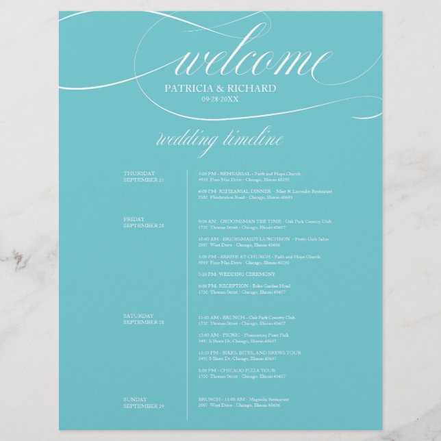 Chic Purist Blue 4 Days Wedding Itinerary (Front)