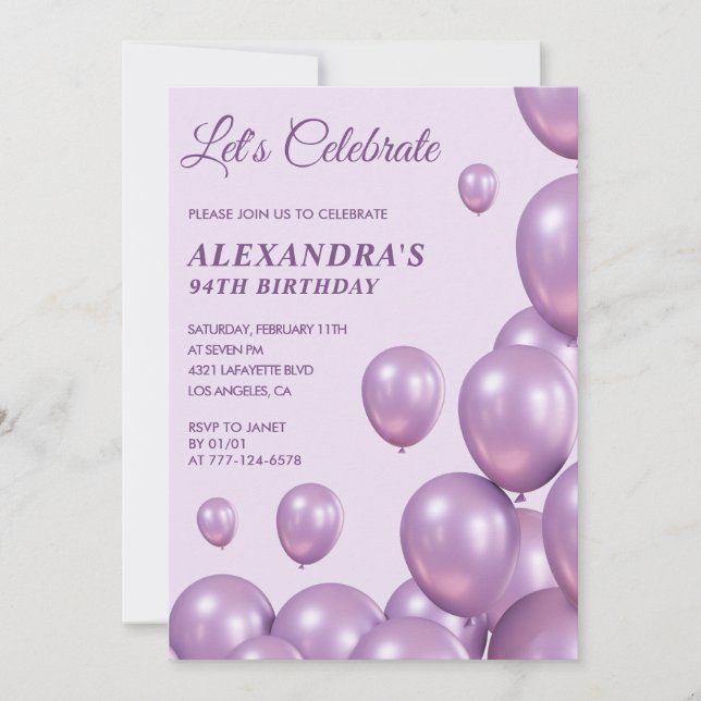 Chic Purple 94th birthday invitations Balloons (Front)