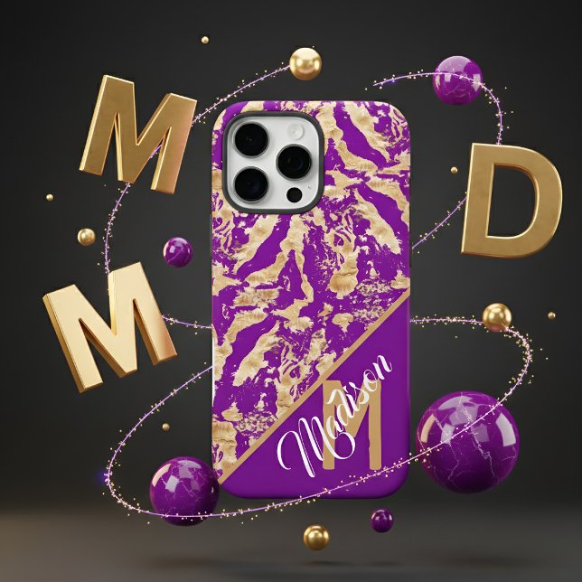 Chic Purple Amethyst & Gold Marble Custom Monogram Case-Mate iPhone Case (Creator Uploaded)